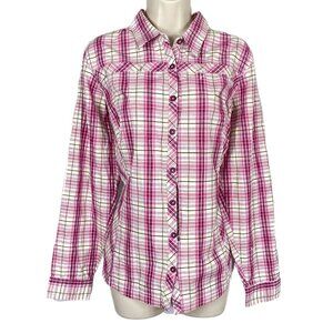 Womens Columbia Sportswear Sz L Pink & White Plaid Vented Long Slv Button Up